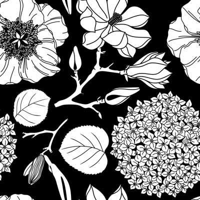 Vector seamless pattern with white flowers on black background. Botanical design for packaging, wrapping paper, wallpaper, fabric, fashion. Garden peony, poppy, lily, magnolia silhouettes backdrop